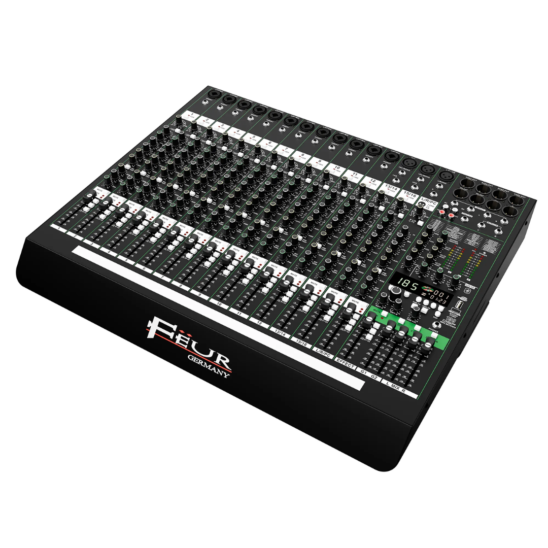  CONSOLA AMPLIFICADA 16 CANALES FEUR DSP/ BLUETOOTH/ LED/ 12 CANALES MONO 2 CANALES STEREO /  2 SALIDAS CANON  