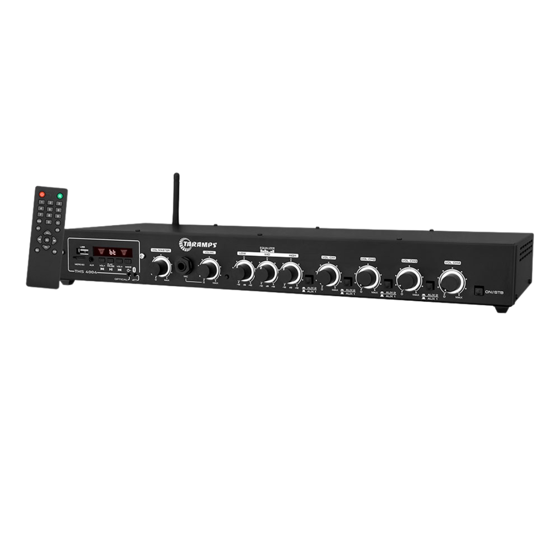  AMPLIFICADOR PROFESIONAL 4 X 100w RMS TARAMPS/ CLASE D/ BLUETOOTH/ 4Ohm/ USB/ SD CONTROL REMOTO/ AUX/ ENTRADA FIBRA OPTICA  