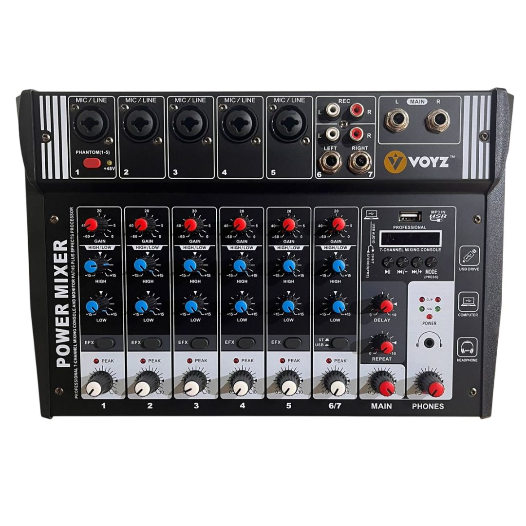  CONSOLA 6 CANALES AMPLIFICADA VOYZ 1400w /  USB /  BLUETOOTH DSP /  2 BANDAS EQ  